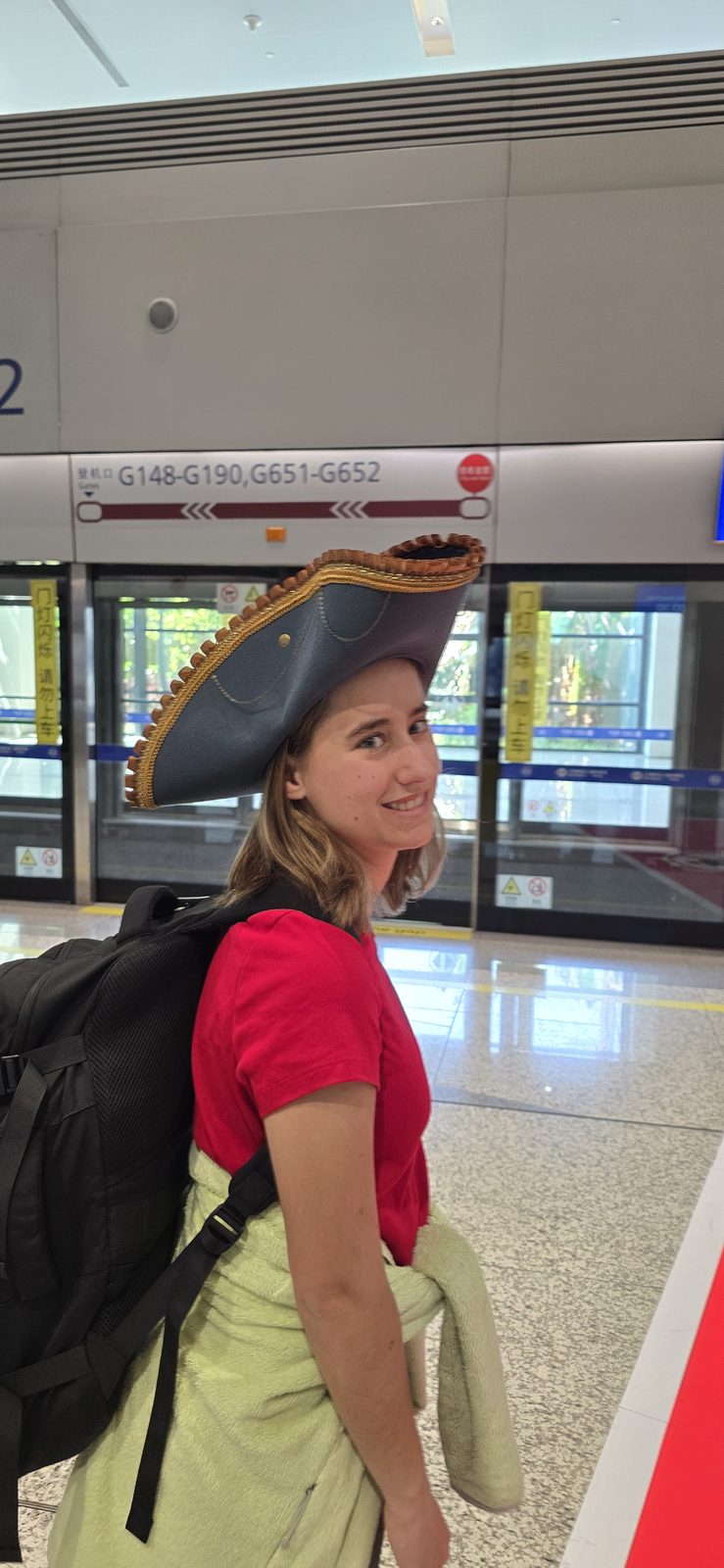 Lisa's pirate hat for the flight to Hong Kong