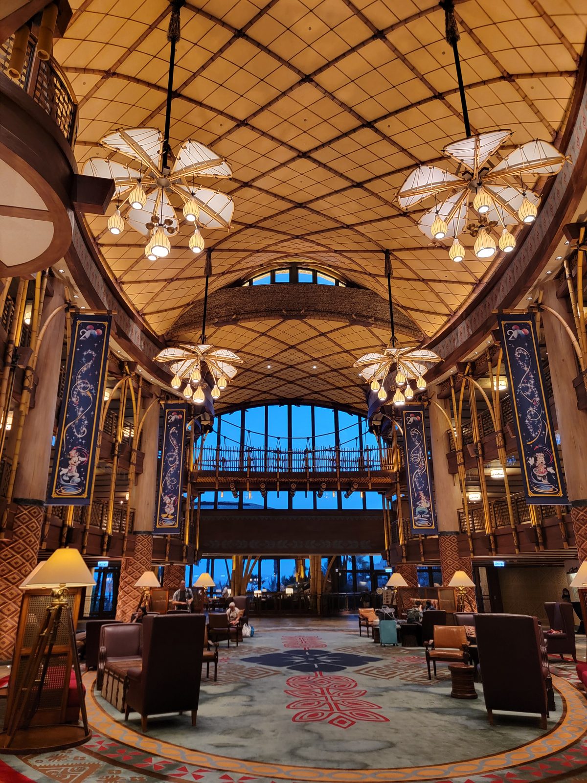 The hotel's grand explorer-themed lobby