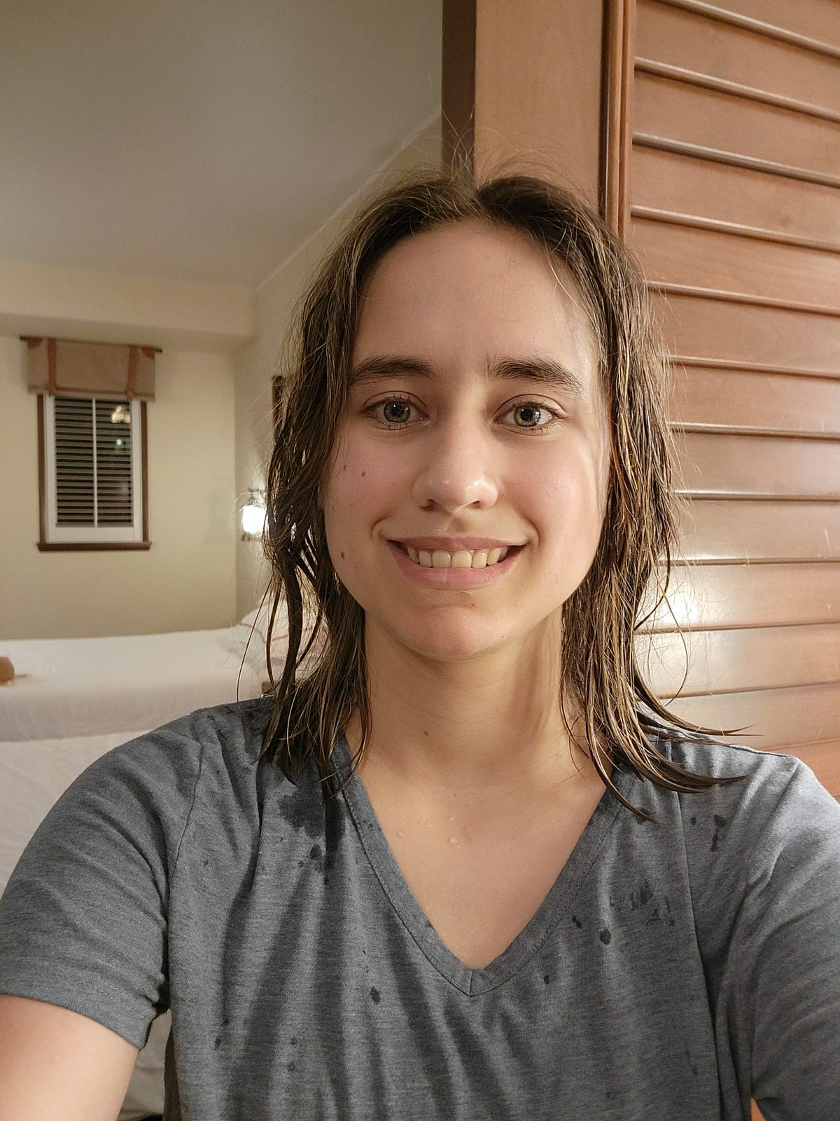 Back at the hotel with wet hair