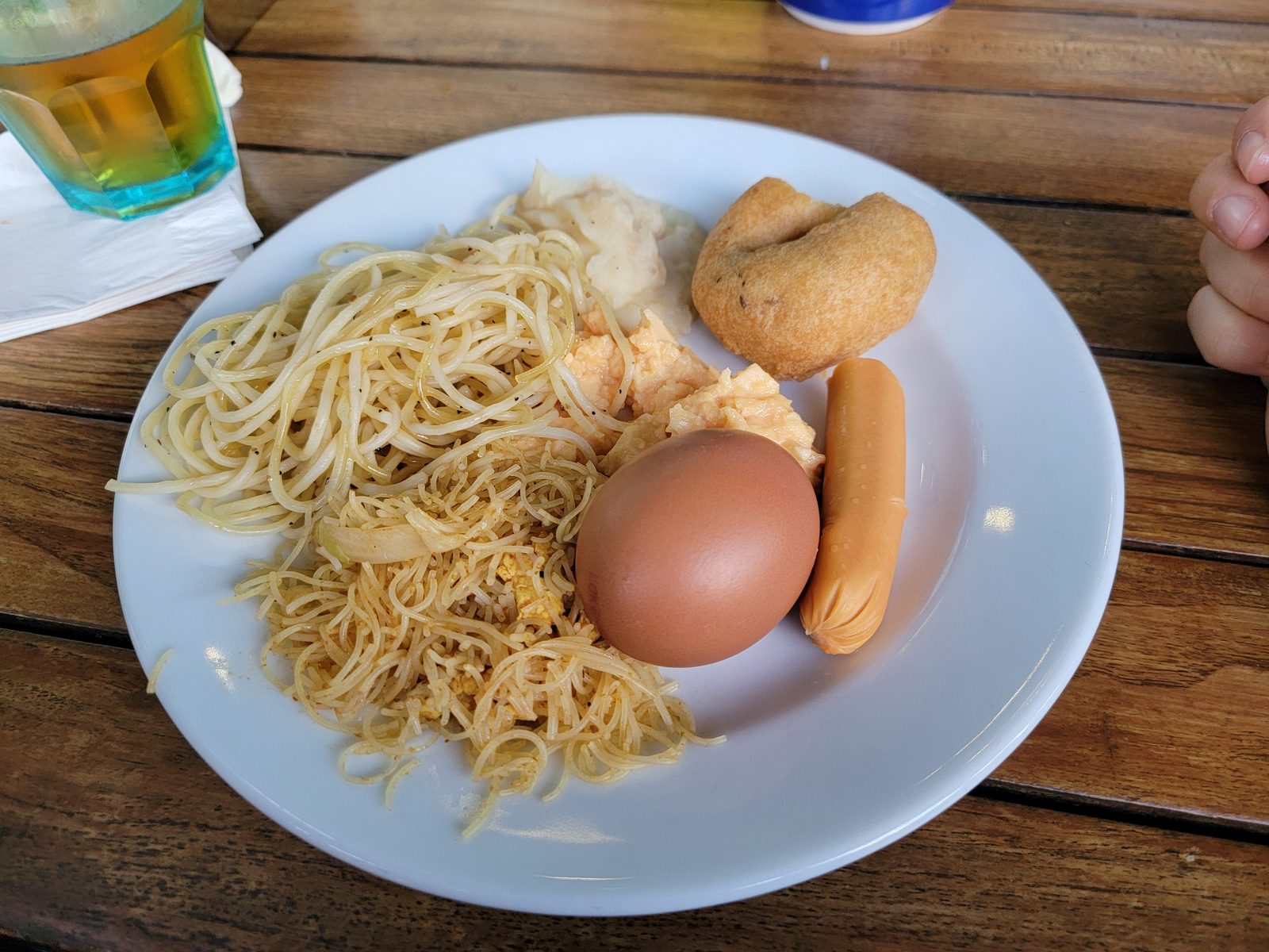 Noodles, egg and sausage before checkout