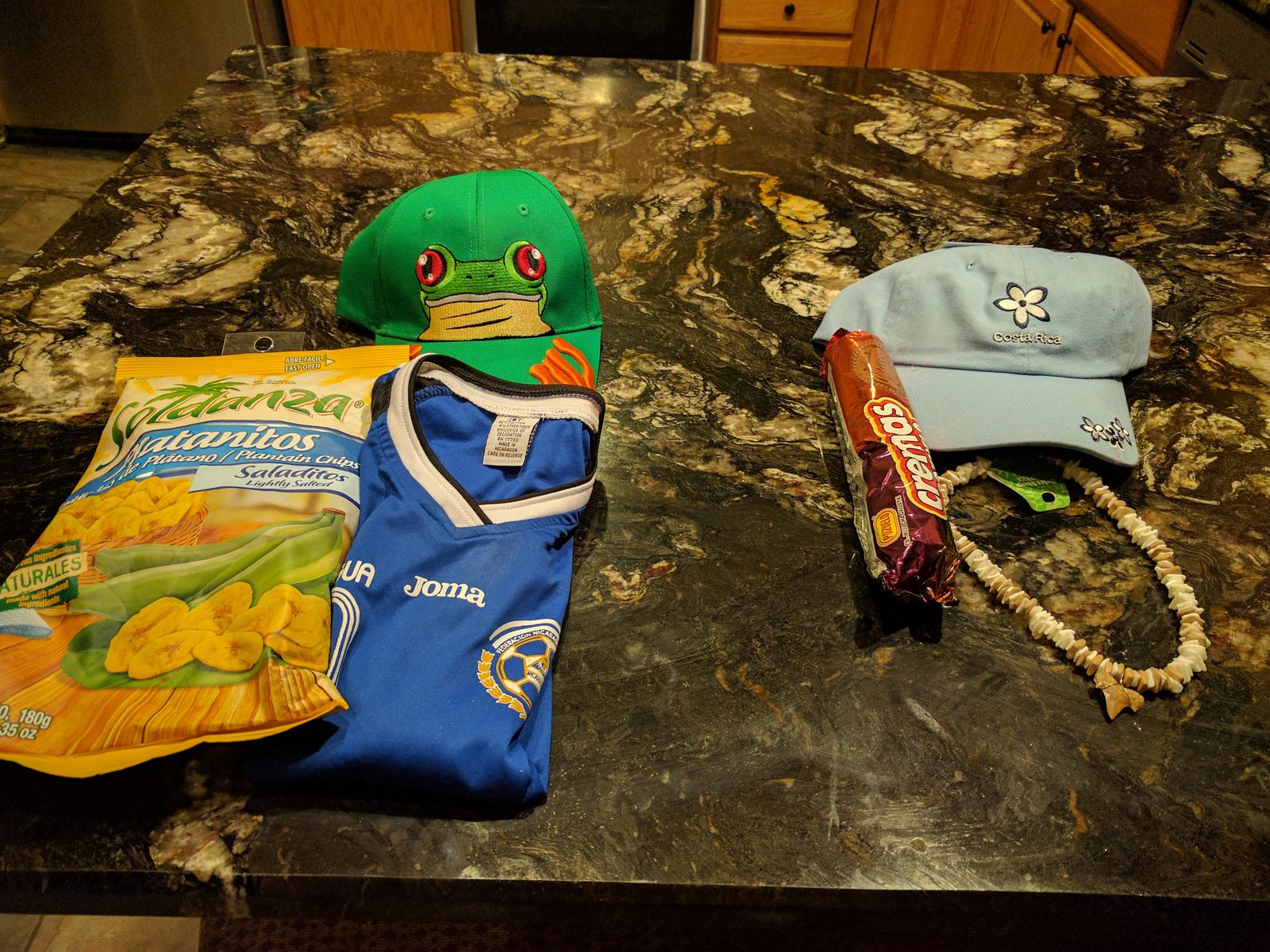 Souvenirs from the trip laid out at home
