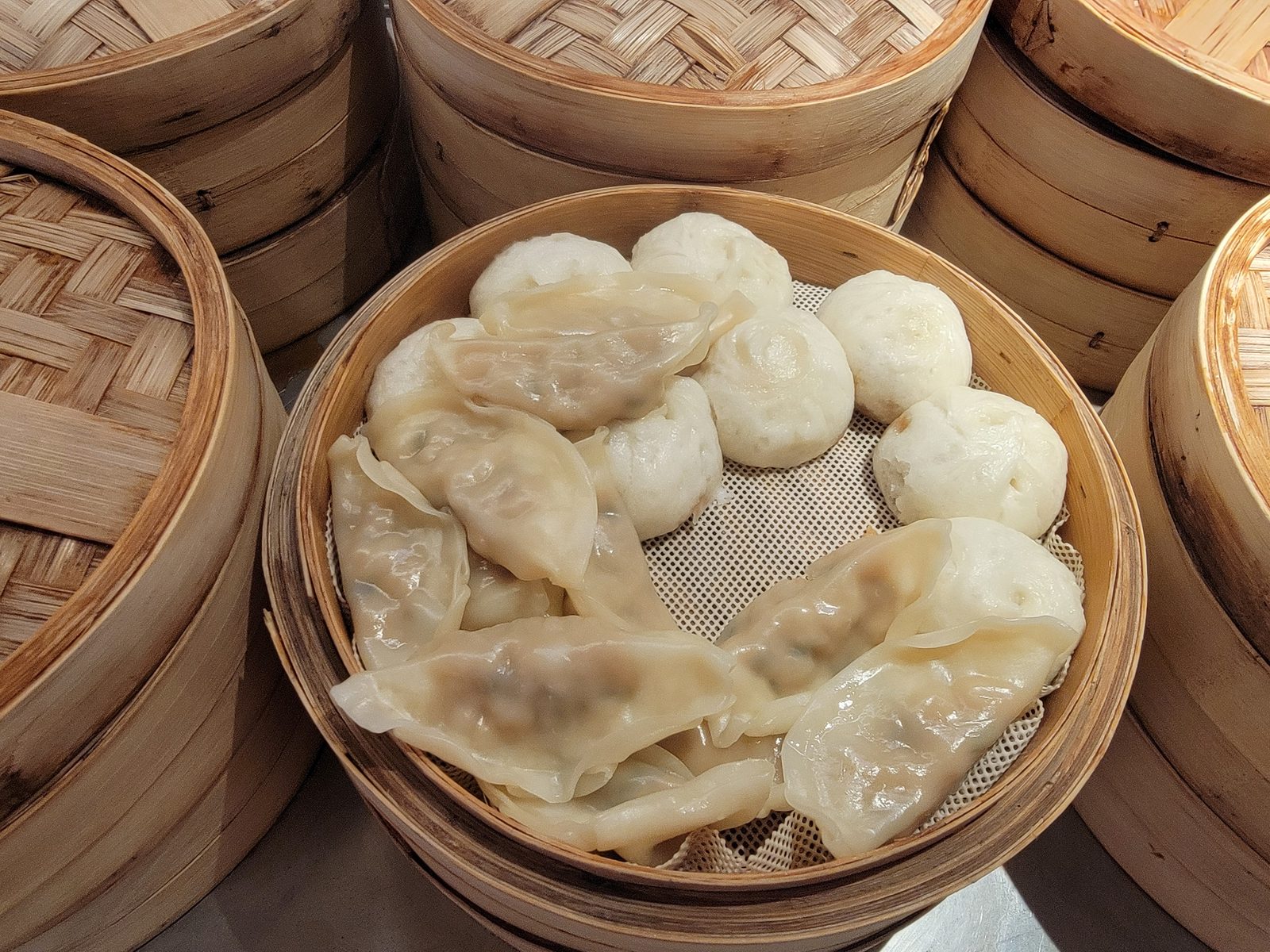 Steamed dumplings at the breakfast buffet
