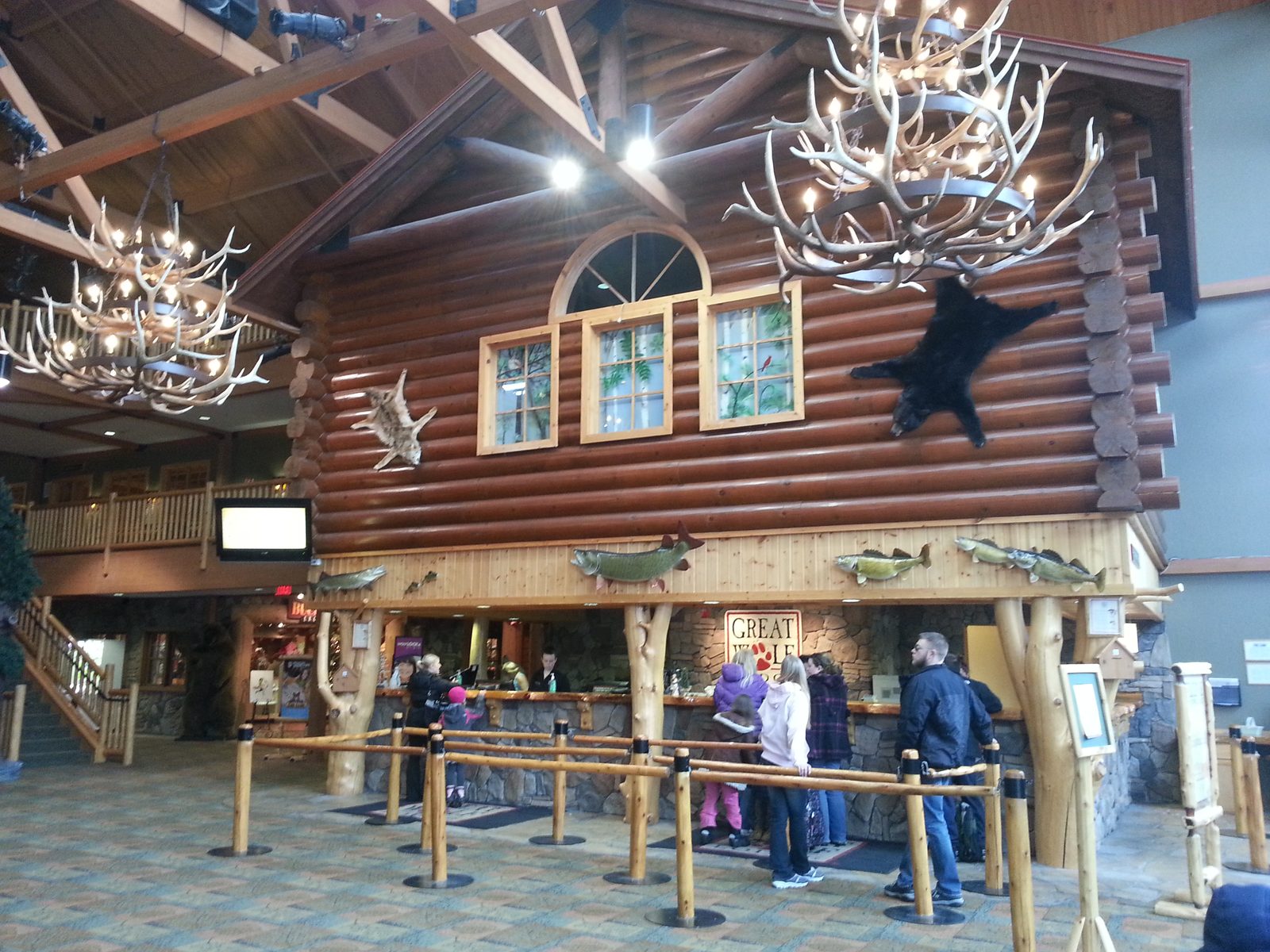 The log-cabin lobby at Great Wolf Lodge