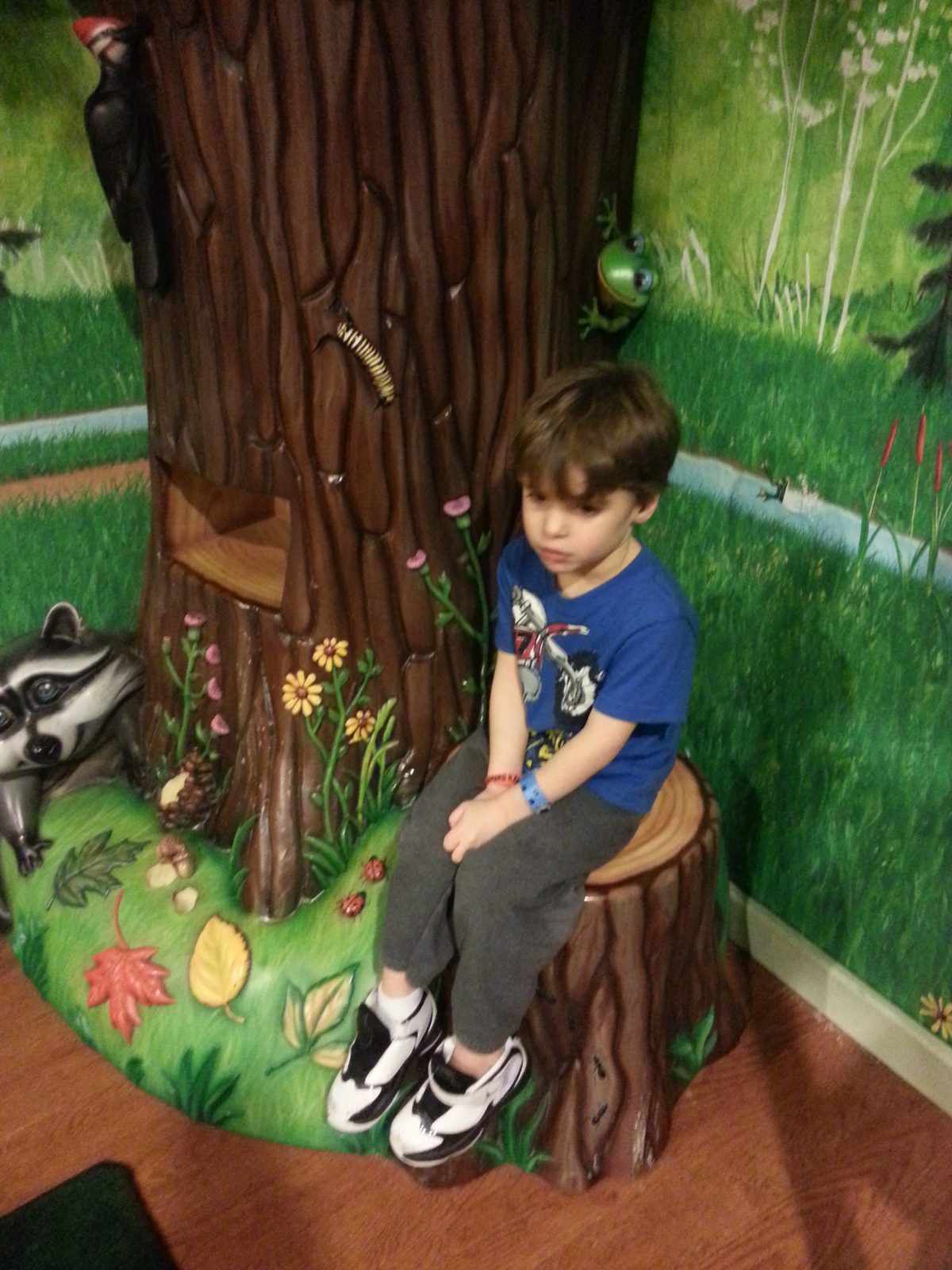 Thomas on the tree-stump seat