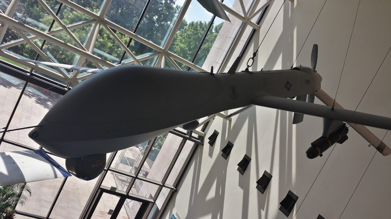 An aircraft hanging in the museum atrium