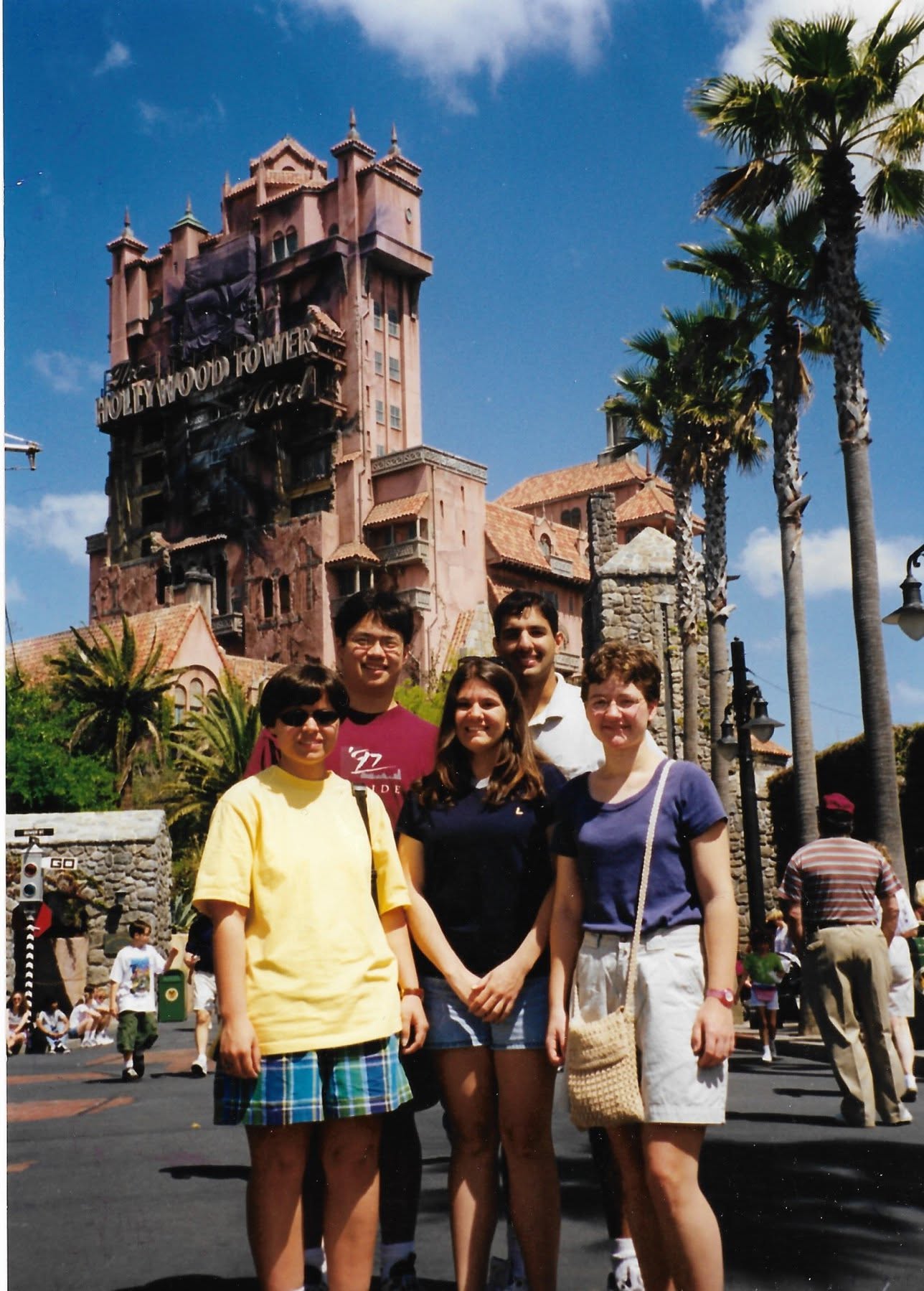 Kathy and her friends in front of the Tower of Terror at Disney-MGM Studios